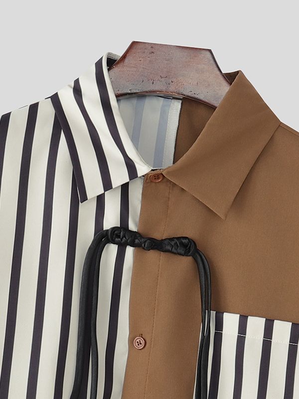 Men's Stripe Contrast Color Frog Button Long Sleeve Shirt SKUL41046