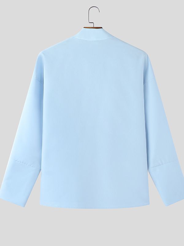 Men's Solid Color Asymmetric Placket Long Sleeve Shirt SKUL46085