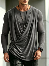 Men's Avant-Garde Party Crisscross Wrap Ruched Long Sleeve Round Neck T-shirt SKUL80630