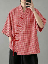 Men's Asymmetric Placket Plaid Frog Button Half Sleeve Cardigan SKUL62020