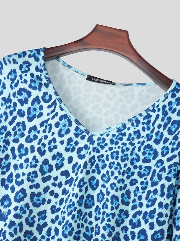 Men's Vintage Holiday Leopard Animal Print V Neck Three Quarter Sleeve T-shirt SKUL73712