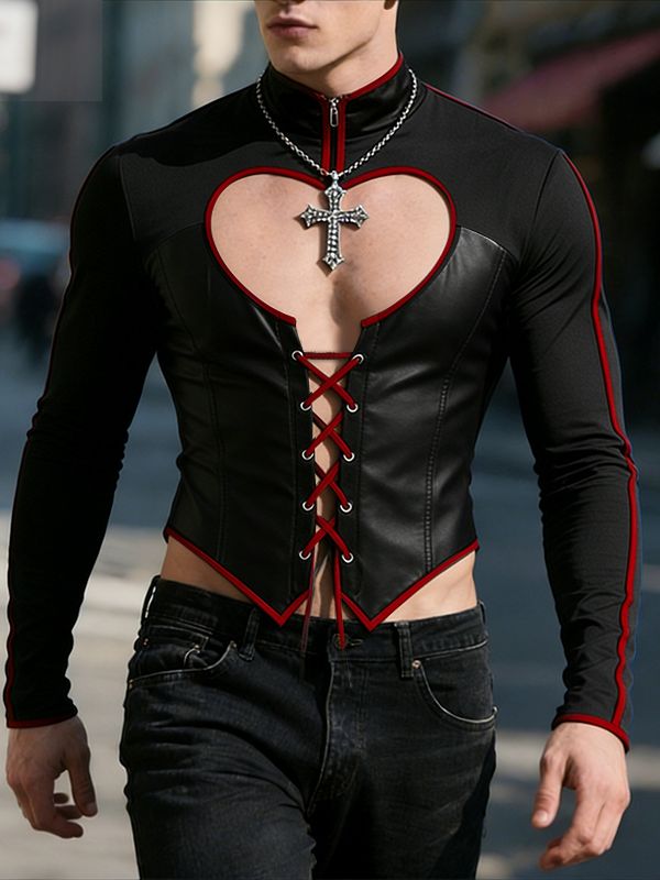 Men's Heart Cutout Knit Colorblock Long Sleeve T-Shirt SKUL30333