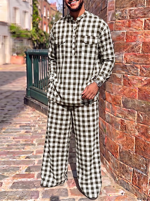 Men's Vintage Casual Gingham Plaid Two Pieces Outfit SKUL79539
