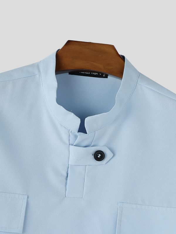 Men's Modern Chinoiserie Mock Neck Asymmetric Tab Button Utility Short Sleeve Shirt SKUL68246