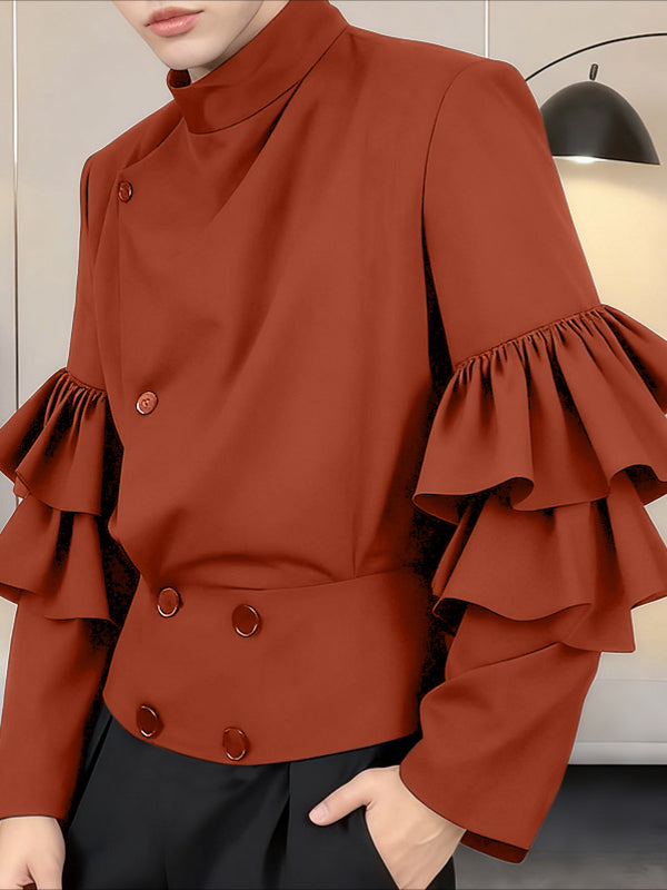 Men's Solid Drape Ruffled Patchwork Long Sleeve Shirt SKUL38916