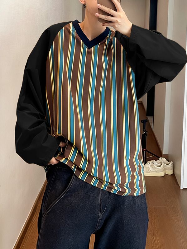 Men's Striped Color Block V Neck Long Sleeve T-Shirt SKUL32989