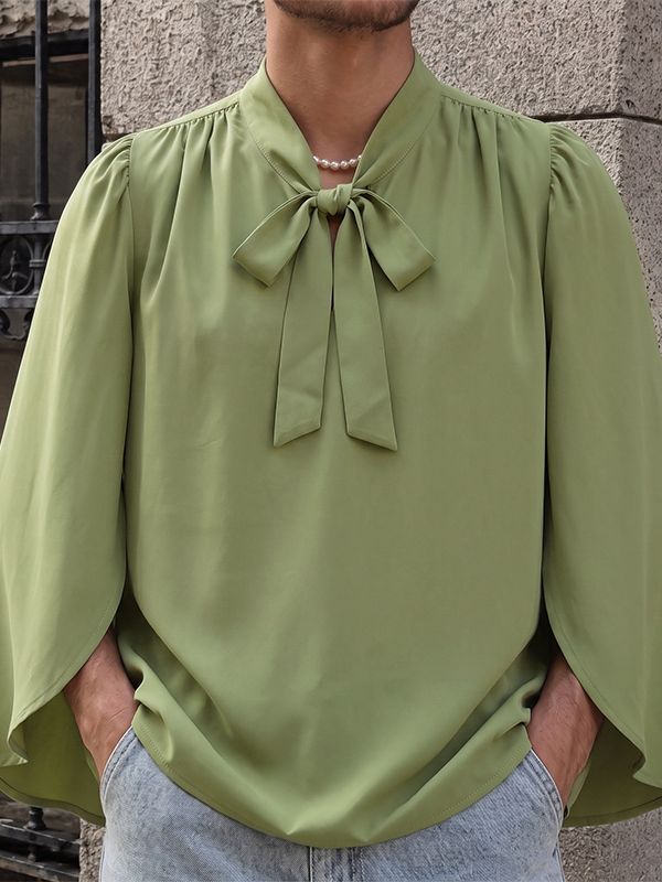 Men's Avant-Garde Romantic Flowy Cape Sleeve Tie-Neck Shirt SKUL76397