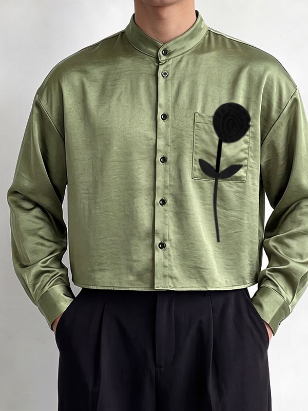 Men's Avant-Garde Gallery 3D Black Rose Applique Silky Satin Waist Length Long Sleeve Mandarin Collar Cropped Shirt SKUL82420