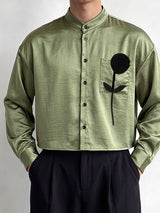 Men's Avant-Garde Gallery 3D Black Rose Applique Silky Satin Waist Length Long Sleeve Mandarin Collar Cropped Shirt SKUL82420