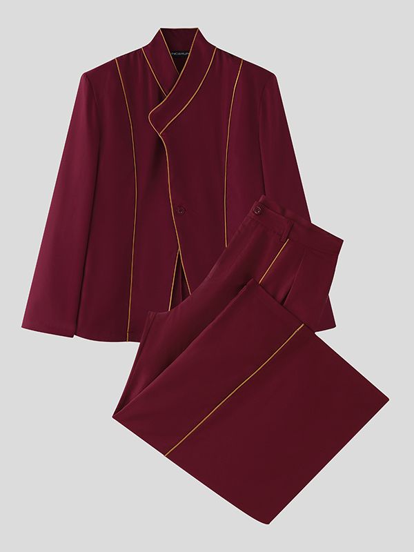 Men's Asymmetric Placket Contrast Trim Two Pieces Outfit SKUL50087