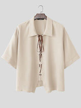Men's Modern Relaxed Waffle Knit Lace-Up V-Neck Asymmetrical Hem Shirt SKUL59598