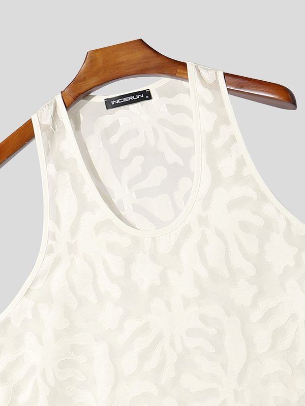 Men's Avant-Garde Semi-Sheer Burnout Botanical Pattern Tank SKUL76465