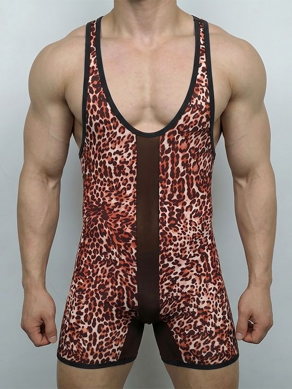 Men's Wild Sexy Leopard Print Mesh Spliced Deep U Neck Bodysuit SKUL73617
