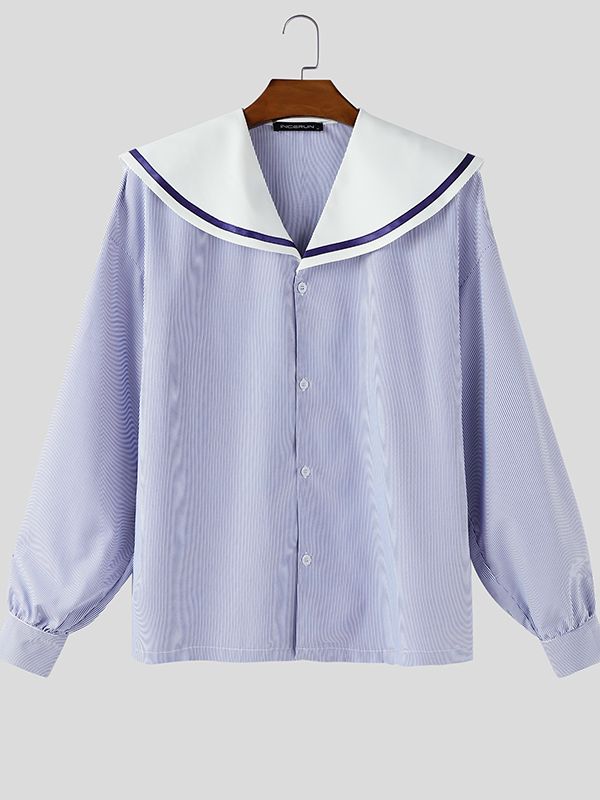 Men's Striped Sailor Collar Long Sleeve Shirt SKUL46537