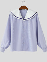 Men's Striped Sailor Collar Long Sleeve Shirt SKUL46537