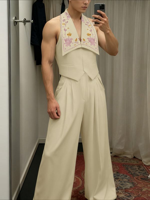 Men's Floral Embroidery Turn Down Collar Two Pieces Outfit SKUL38945