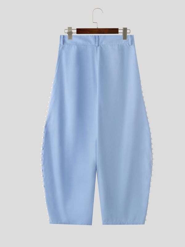 Men's Avant-Garde Pearl Beaded Side Slit High Waist Wide Leg Pant SKUL68004