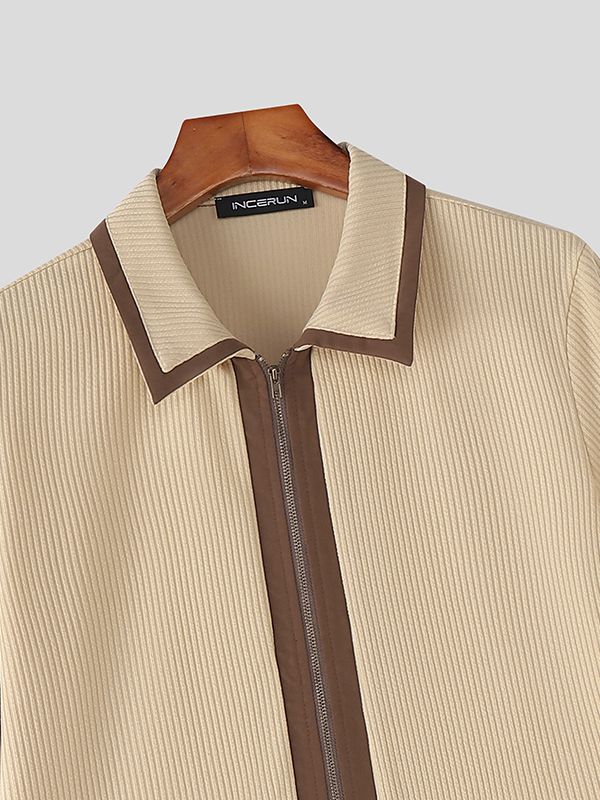 Men's Knit Contrast Color Zipper Short Sleeve Cardigan SKUL48006