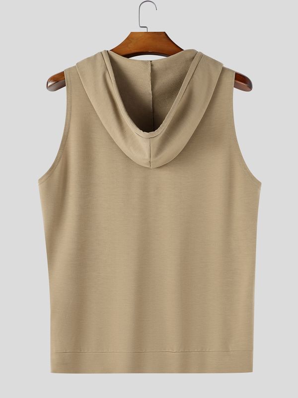 Men's Athletic Gym Deep Split V-Neck Drawstring Hood Muscle Cut Sleeveless Hooded Collar Tank SKUL80622