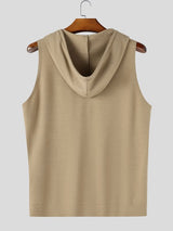 Men's Athletic Gym Deep Split V-Neck Drawstring Hood Muscle Cut Sleeveless Hooded Collar Tank SKUL80622