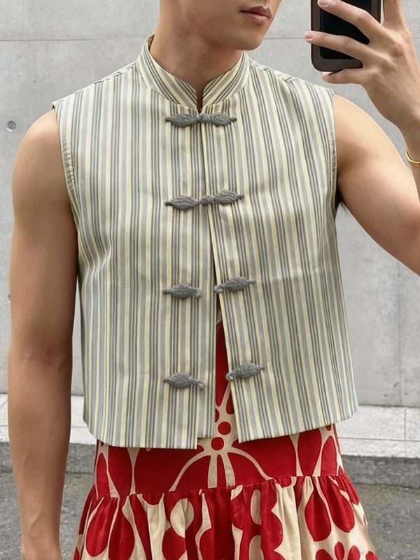 Men's Striped Frog Button Casual Tank SKUL56650