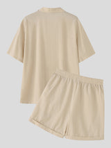 Men's Solid Color V Neck Lapel Casual Two Pieces Outfit SKUL23482