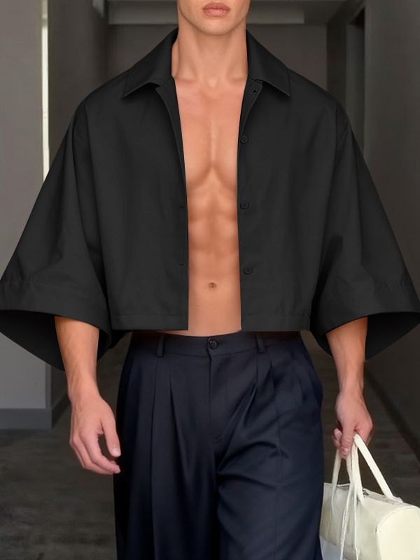 Men's Solid Color Cropped 3/4 Length Sleeve Shirt SKUL41332