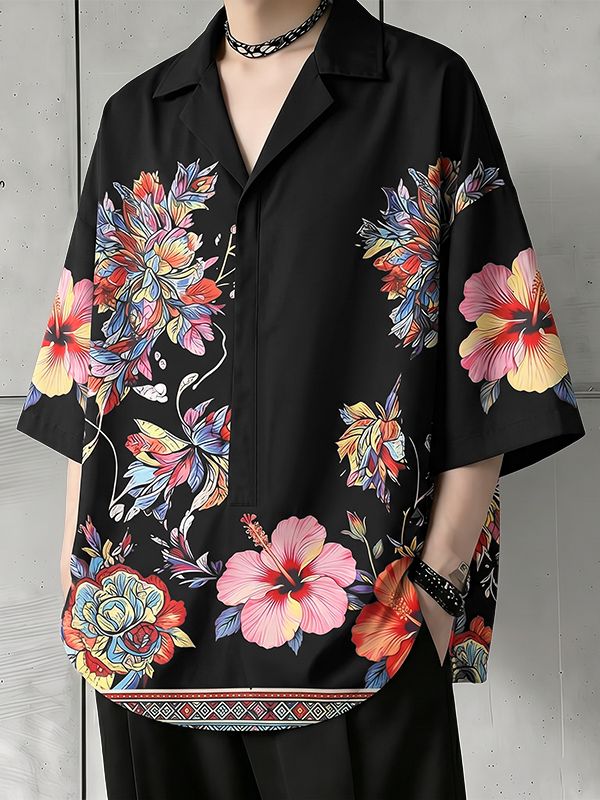 Men's Retro Hawaiian Aloha Aesthetic All-Over Floral Botanical Print Short Sleeve Shirt SKUL68401