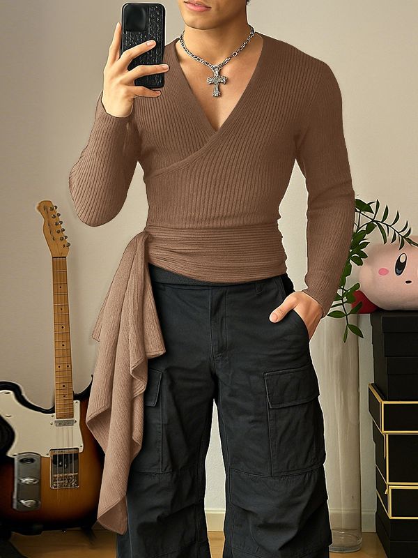 Men's Knitted Twist Tie V Neck Long Sleeve Sweater SKUL35102