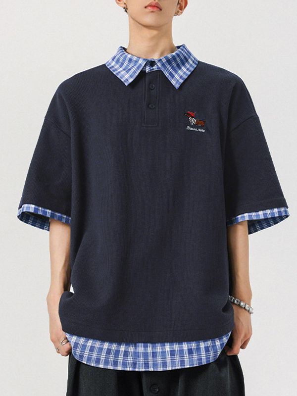 Men's Vintage Preppy Faux Twinset Contrast Plaid Collar Cute Animal Embroidered Polo Shirt SKUL68994