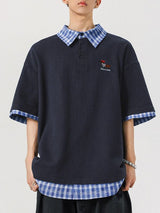 Men's Vintage Preppy Faux Twinset Contrast Plaid Collar Cute Animal Embroidered Polo Shirt SKUL68994