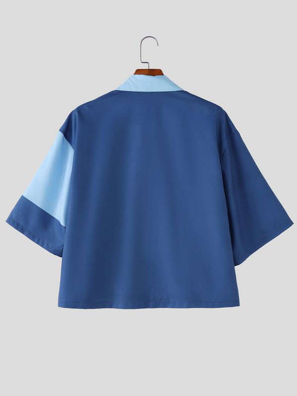 Men's Modern Chinese Turn-Down Collar Frog Button Color-Block Cropped Short Sleeve Shirt SKUL62114