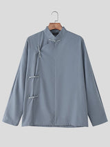 Men's Solid Color Frog Button Long Sleeve Shirt SKUL40230