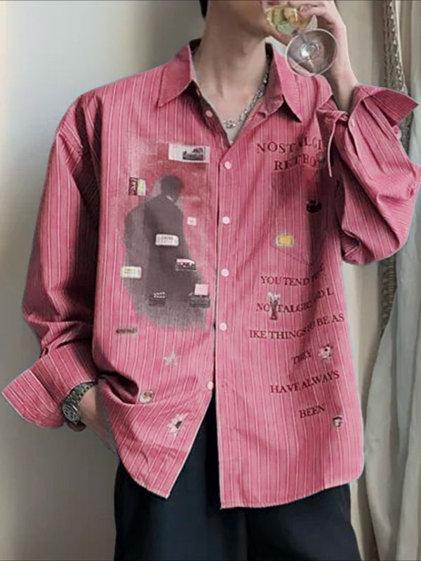 Men's Slogan Print Stripe Long Sleeve Shirt SKUL36405