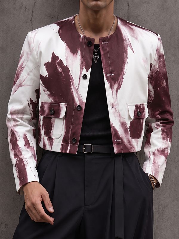 Men's Avant-Garde Gallery Tie-Dye Brush Stroke Collarless Flap Pocket Long Sleeve Cropped Jacket SKUL79118