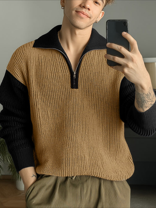 Men's Contrast Knit Half Zip Long Sleeve Sweater SKUL30271