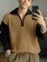 Men's Contrast Knit Half Zip Long Sleeve Sweater SKUL30271