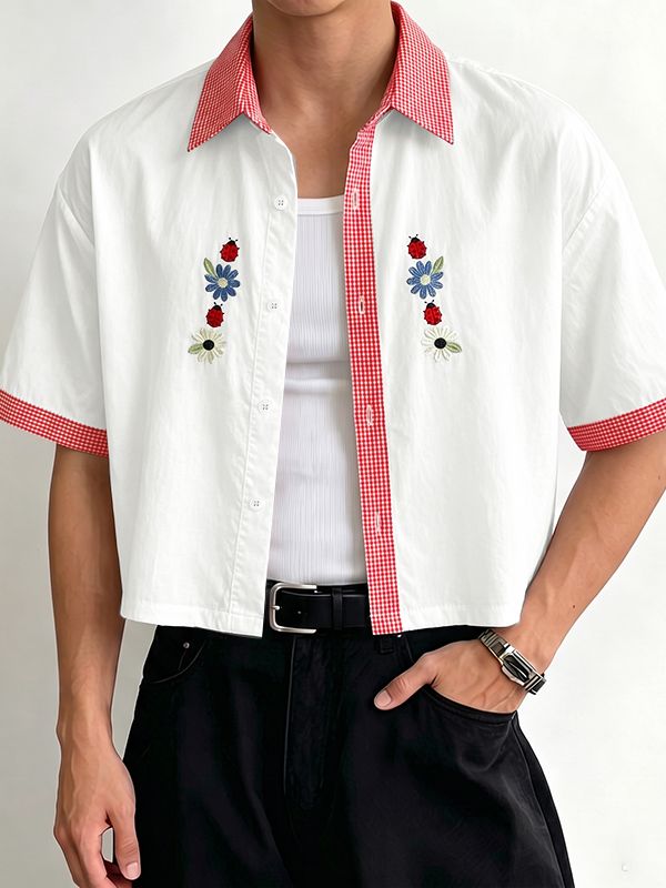 Men's Japanese Casual Floral Print Boxy Cropped Short Sleeve Shirt SKUL74581