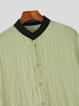 Mens Striped Colorblock Stand Collar Short Sleeve Shirt SKUL17927
