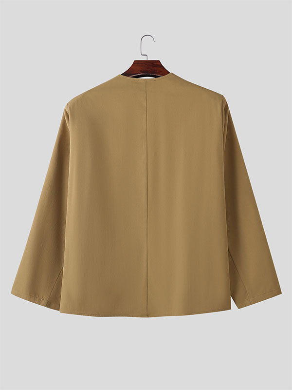 Mens Solid Color Casual Collarless Long Sleeve Blazer SKUL05348