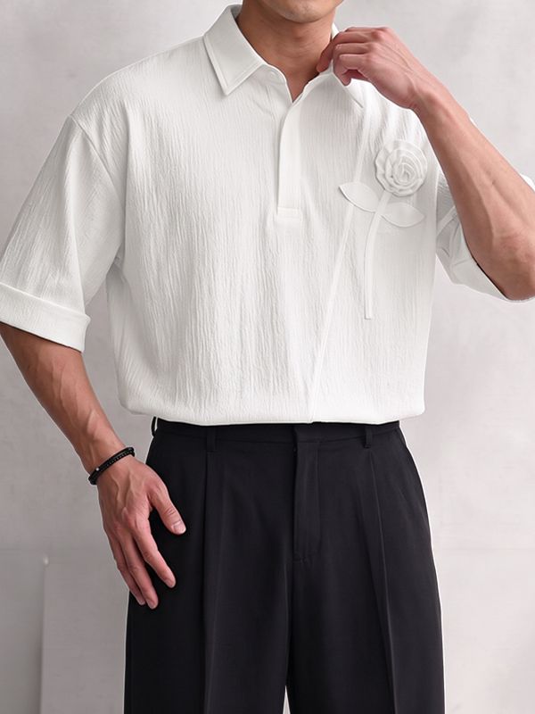 Men's Smart Chic Art Exhibition 3D Rose Flower Crinkle Textured Lapel Polo Shirt SKUL85957