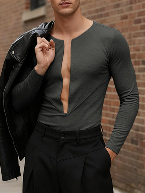 Men's Cutout V Neck Long Sleeve T-shirt SKUL45196