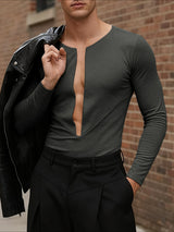 Men's Cutout V Neck Long Sleeve T-shirt SKUL45196
