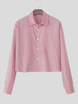 Men's Striped Lapel Cropped Long Sleeve Shirt SKUL31660