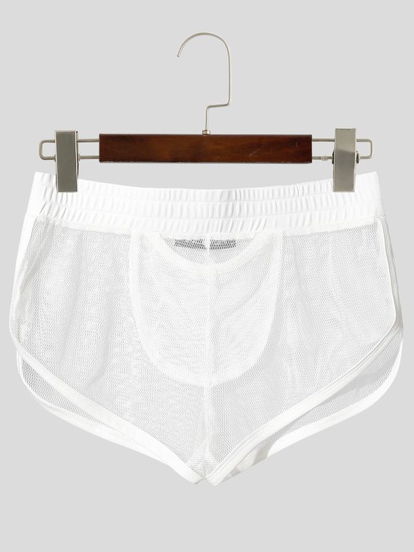 Men's Sexy Lounge Sheer Mesh Contrast Binding Dolphin Hem Bulge Pouch Mini Length Short SKUL83193