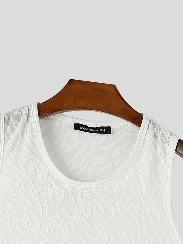 Men's Sexy Clubwear Sheer Animal Jacquard Bound Trim Muscle Fit Sleeveless Round Neck Tank SKUL81886