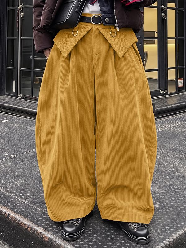 Men's Japanese Streetwear Fold-Over Waist Corduroy Baggy Balloon Pant SKUL79042