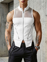 Men's Cyberpunk Streetwear Slim Fit Mesh Patchwork Multi Zipper Halter Mock Neck Tank SKUL63646
