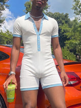 Men's Retro Contrast Trim Ribbed Knit Polo Collar Bodysuit SKUL75501