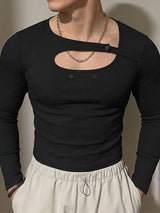 Men's Provocative Avant-Garde Asymmetrical Cut-Out Ribbed Knit Long-Sleeve T-shirt SKUL77301